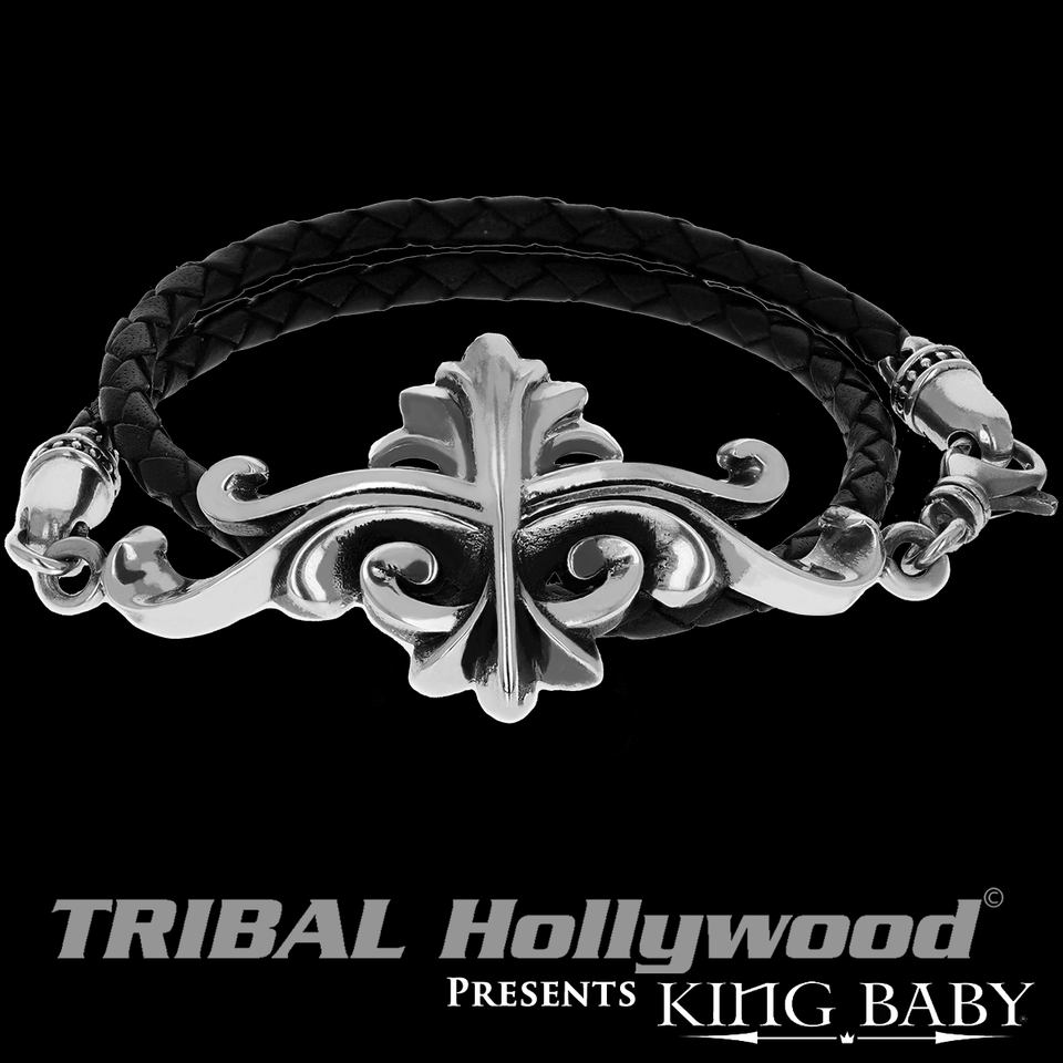SCROLL BRACELET Double Wrap Black Leather Mens Bracelet by King Baby