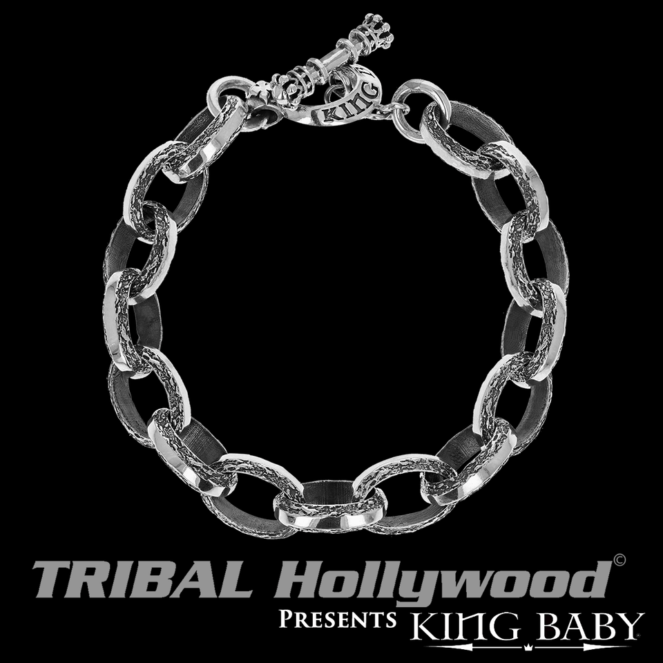 TEXTURED LINK BRACELET Silver Oval Link Mens Bracelet by King Baby