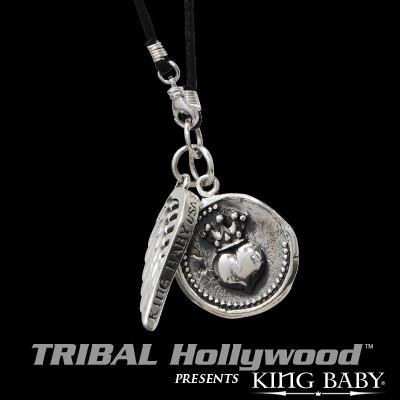 HEART COIN AND WING Sterling Silver Pendants on Cord Necklace by King Baby