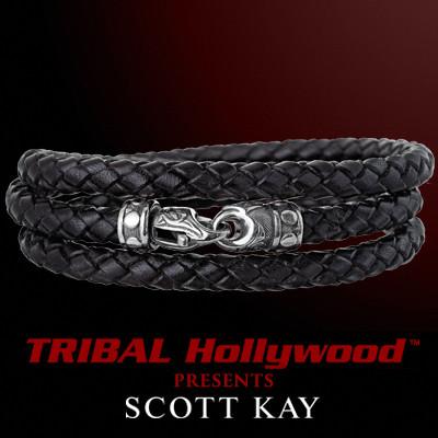 Black Leather TRIPLE WRAP AROUND Braided Bracelet - Scott Kay Mens