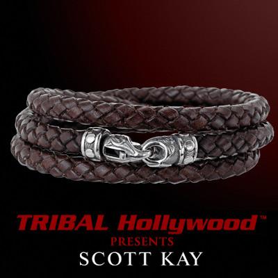 Brown Leather TRIPLE WRAP AROUND Braided Bracelet - Scott Kay Mens