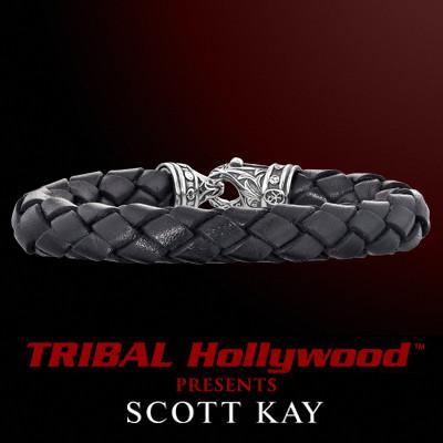 BRAIDED BLACK LEATHER Bracelet Thick Width with Scott Kay Sterling Silver Clasp