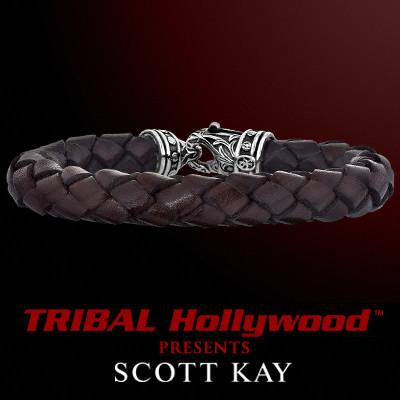 BRAIDED BROWN LEATHER Bracelet Thick Width with Scott Kay Sterling Silver Clasp