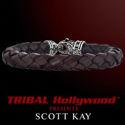 BRAIDED BROWN LEATHER Bracelet Thick Width with Scott Kay Sterling Silver Clasp