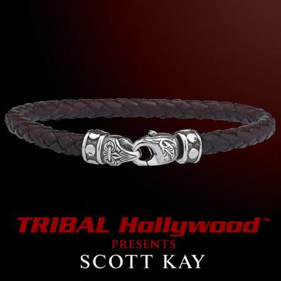BRAIDED BROWN LEATHER Bracelet Thin Width with Scott Kay Sterling Silver Clasp