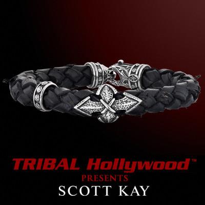 SPEAR CROSS Thick Woven Black Leather Bracelet by Scott Kay Sterling Silver