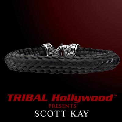 EQUESTRIAN WOVEN BRAIDED EDGE Medium Black Leather Bracelet by Scott Kay