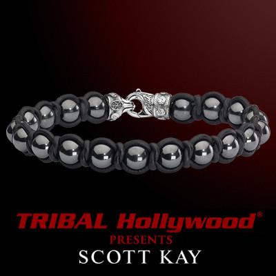 Scott Kay BRAID AND BEAD Leather and Smoky Gray Hematite Mens Bracelet