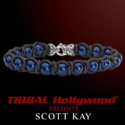 Scott Kay BRAID AND BEAD Blue Lapis Black Leather Mens Bead Bracelet