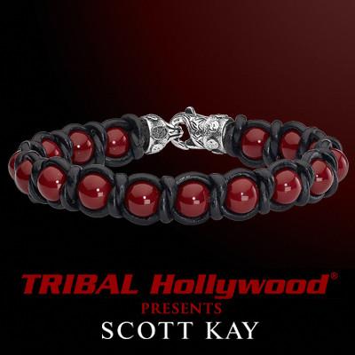 BRAID AND BEAD Red Shell Pearl and Braided Black Leather Scott Kay Mens Bracelet