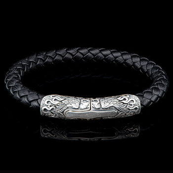 William Henry RAMBLE ON SILVER Mens Braided Leather Bracelet with Wing Skull Design