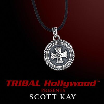 HAMMERED CROSS MEDALLION Sterling Silver Pendant with Black Leather Cord Necklace by Scott Kay