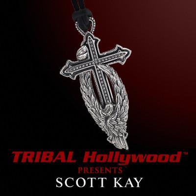 Scott Kay PROTECTING THE CROSS Silver Angel Wing Mens Leather Necklace