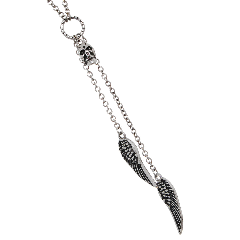 FALLEN ANGEL Mens Pendant Necklace with Silver Wings and Skull
