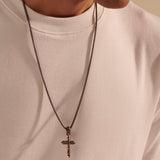 Model Wearing Kerris Dagger Cross Necklace Pendant in Bronze and Black Rhodium by John Hardy