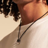 Model Wearing John Hardy Mens Leather Necklace with Classic Silver Connector Loop