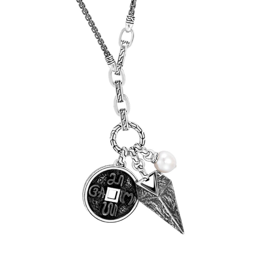 John Hardy Mens Tiga Arrowhead and Ancient Coin Medallion Pendants Necklace in Silver and Black Rhodium