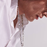 Model Wearing John Hardy Mens Freshwater Pearl Oval Link Silver and Rhodium Chain