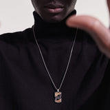 Model Wearing John Hardy Mens Classic Curb Link Dog Tag Necklace Pendant in Bronze and Silver