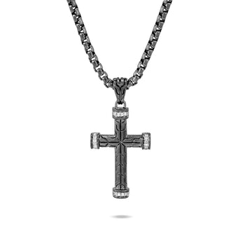 John Hardy Mens Pave Diamond Cross Necklace in Matte Black Rhodium and Brushed Silver