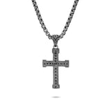 John Hardy Mens Pave Diamond Cross Necklace in Matte Black Rhodium and Brushed Silver