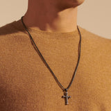 John Hardy Mens Pave Diamond Cross Necklace in Matte Black Rhodium and Brushed Silver