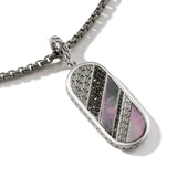 John Hardy Mens Black Striped Dog Tag in Rhodium Silver with Black Sapphires