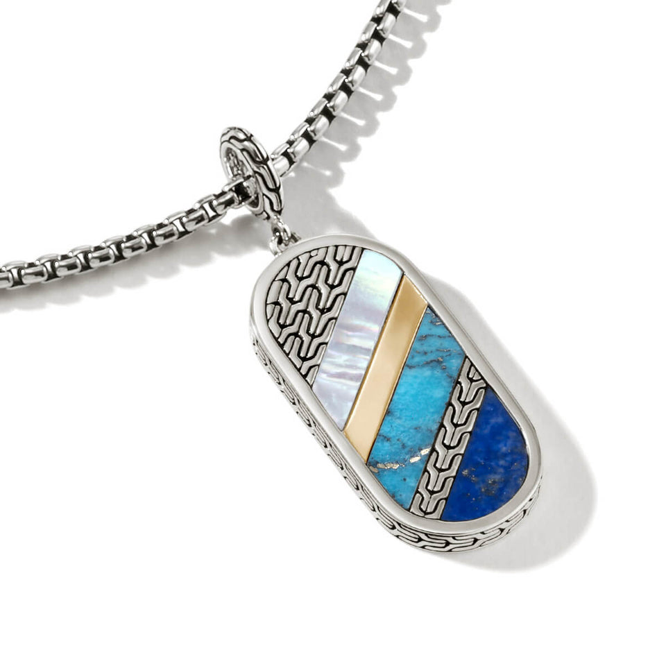 John Hardy Mens Blue Striped Inlay Classic Dog Tag Necklace in Sterling Silver