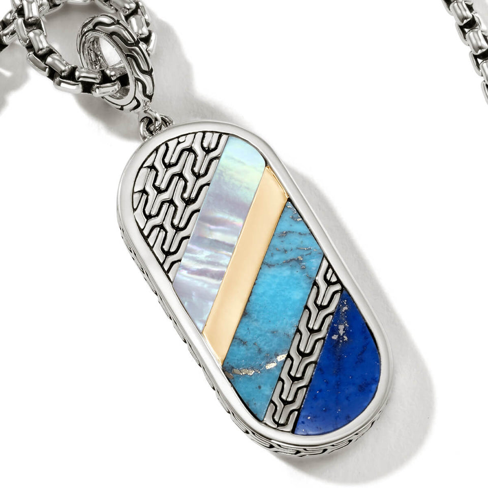 John Hardy Men's Blue Striped Inlay Carved Silver Pendant Necklace