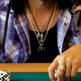Model 2 Wearing Ecks TIKI WARRIOR BULLET Sterling Silver Mens Necklace with 14k Gold