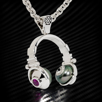 Ecks DJ HEADPHONES PEARL EARPADS Large Sterling Silver Mens Necklace