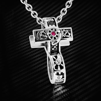 Ecks 2-in-1 INFINITY SYMBOL CLOCKWORKS CROSS Silver Mens Necklace