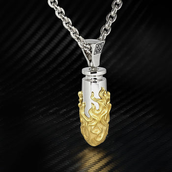 Ecks FIRE SHOT Flaming Silver Bullet Mens Necklace with 14k Gold