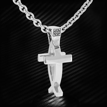 Ecks 2-in-1 JESUS FISH MODERN CROSS Sterling Silver Mens Necklace