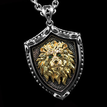 ROYAL LION 14k Gold and Sterling Silver Mens Shield Pendant Necklace by Ecks
