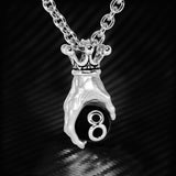 Ecks 8-BALL CROWNED HAND Sterling Silver Onyx Mens Billiards Necklace