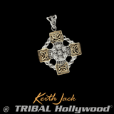 GOLD CELTIC WHEEL White Topaz Studded Mens Chain Pendant by Keith Jack