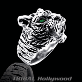 THE UNTAMED Silver Tiger Ring for Men with Green Emerald by Ecks