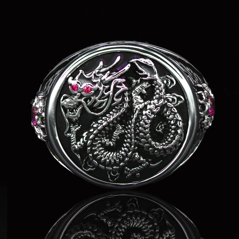 Ecks CHINESE DRAGON Sterling Silver Ring for Men with Red Rubies