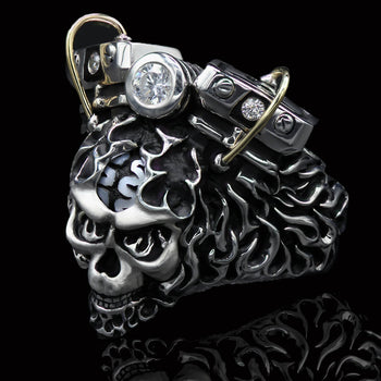Ecks FIRE RACER Skull Ring for Men with Motorcycle Engine & Pearl Brain