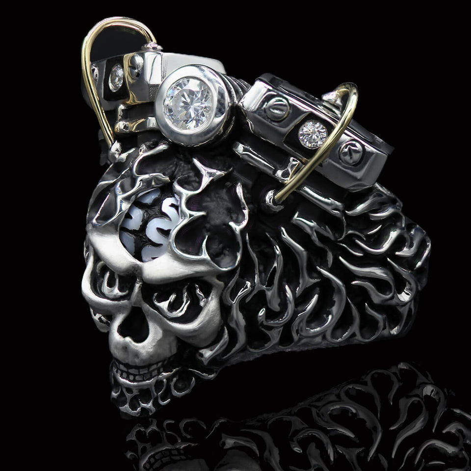 Ecks FIRE RACER Skull Ring for Men with Motorcycle Engine & Pearl Brain