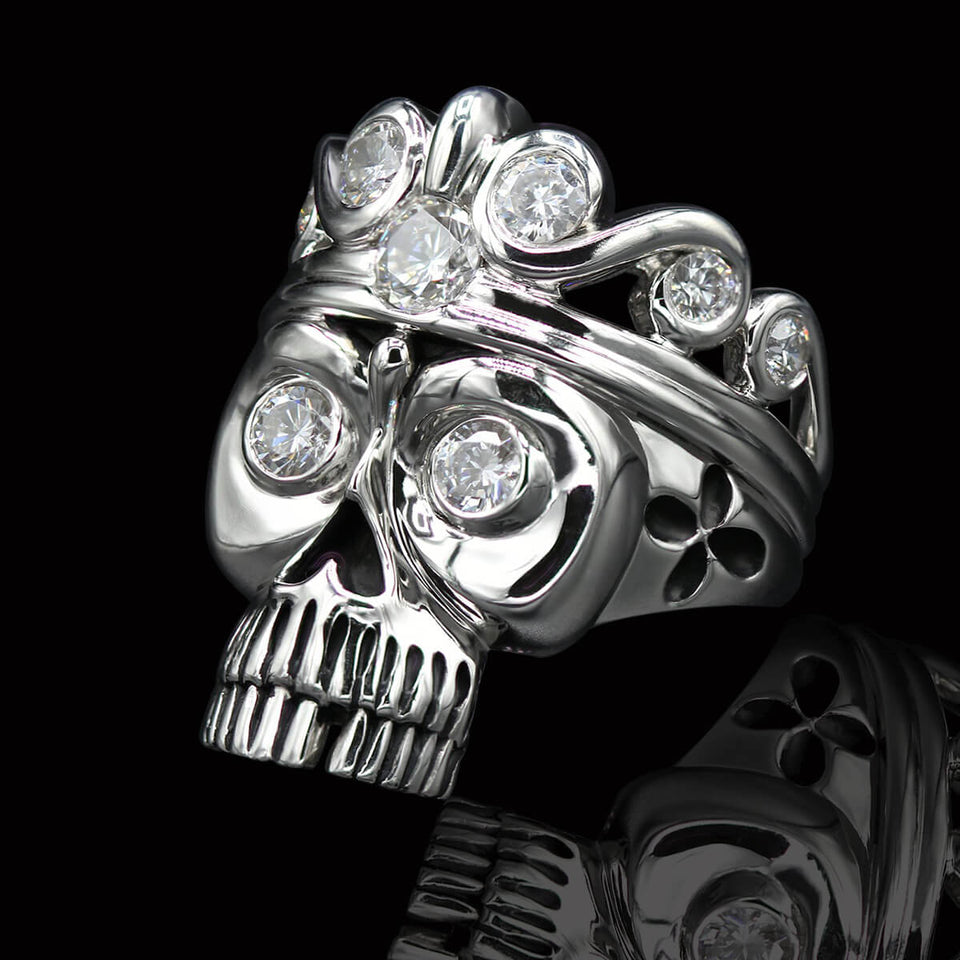 CRYSTAL CROWNED SKULL Open 3D Mens CZ Stone Silver Skull Ring by Ecks