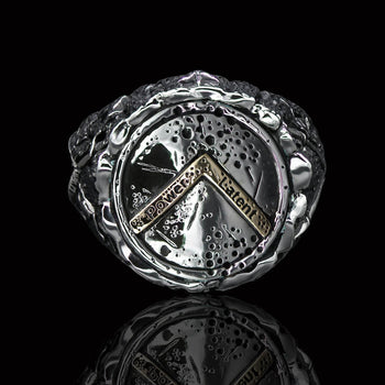 Ecks SPARTAN WARRIOR SHIELD Mens Ring in Hammered Silver and 14k Gold