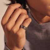 Model Wearing John Hardy Mens Twisted Bamboo Band Ring in Sterling Silver