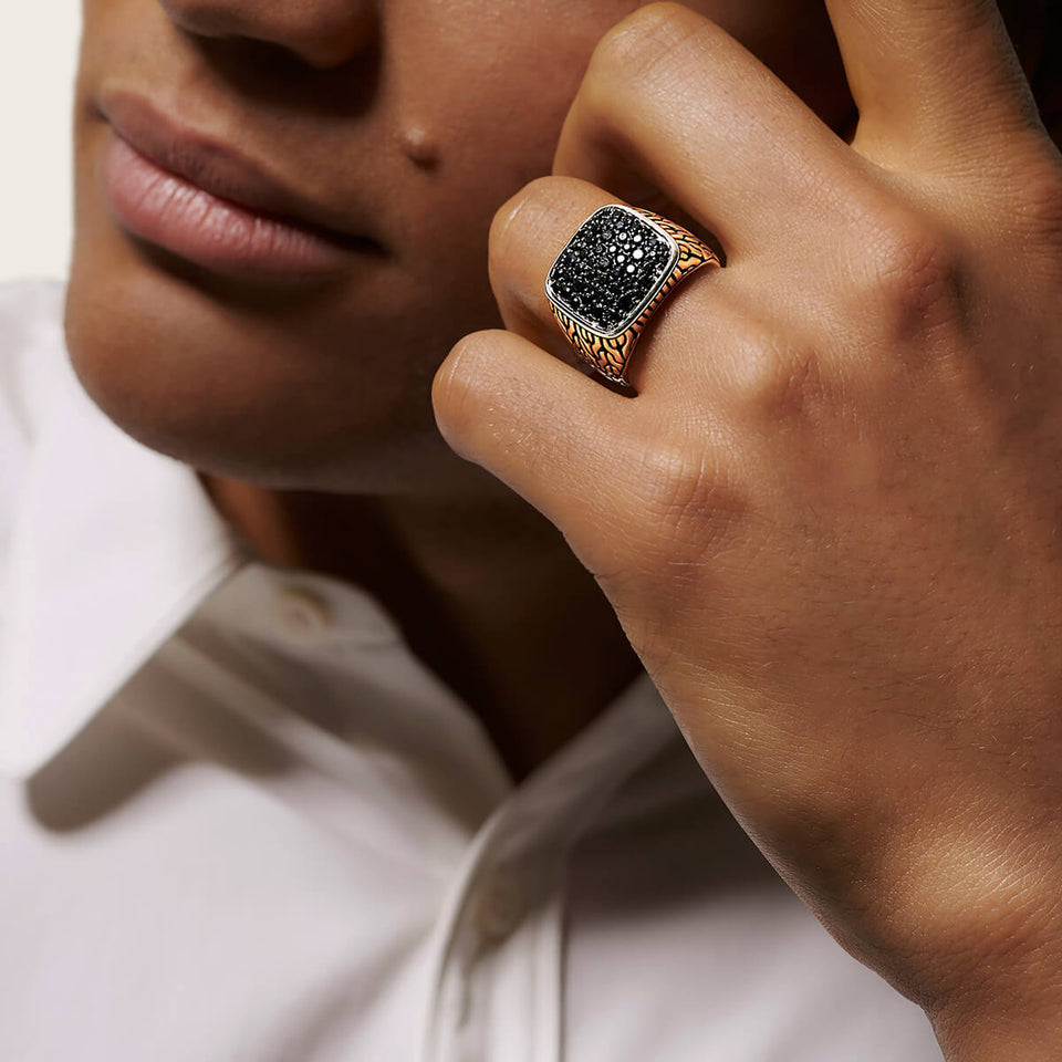 John Hardy Mens Black Sapphire Silver Ring Classic Chain Motif