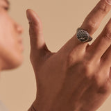 Model 1 Wearing John Hardy Mens Dual Style Signet Ring with Classic and Volcanic Textured Design