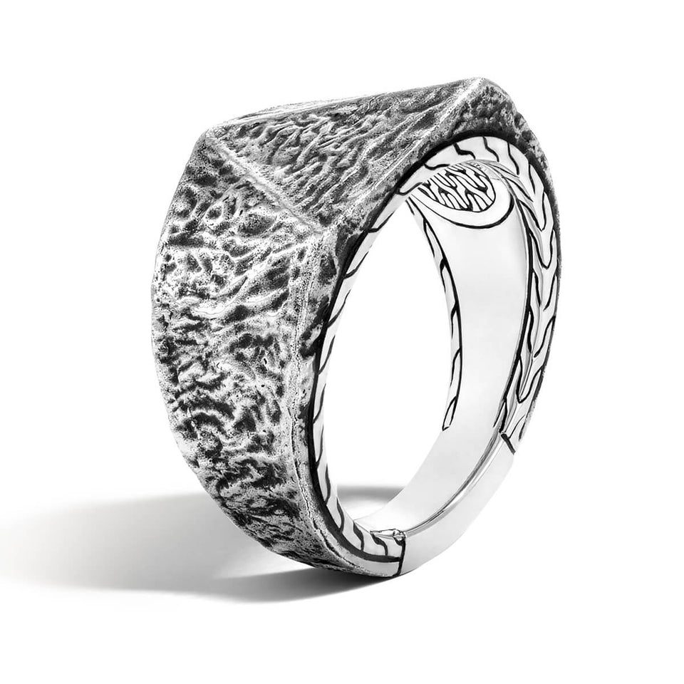 John Hardy Mens Tiga Signet Ring in Volcanic Textured Sterling Silver