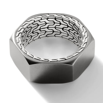 John Hardy Mens Industrial Hex Bolt Black Rhodium Band Ring