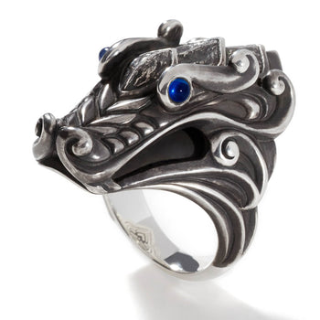 John Hardy Mens Legends Naga Dragon Ring in Volcanic Texture Silver with Blue Sapphires