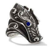 John Hardy Mens Legends Naga Dragon Ring in Volcanic Texture Silver with Blue Sapphires - Alt View 2